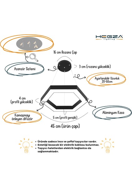 Hexagon ( Gri Kasa, Sarı Işık ) Ledli Modern LED Avize, Salon, Mutfak, Oturma Yatak Odası, Sarkıt fiyatları