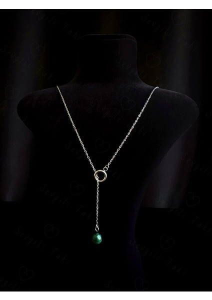 Y Model Malahit Doğal Taşlı Ayarlanabilir Çelik Kolye | Sevgili Takı Koleksiyonu