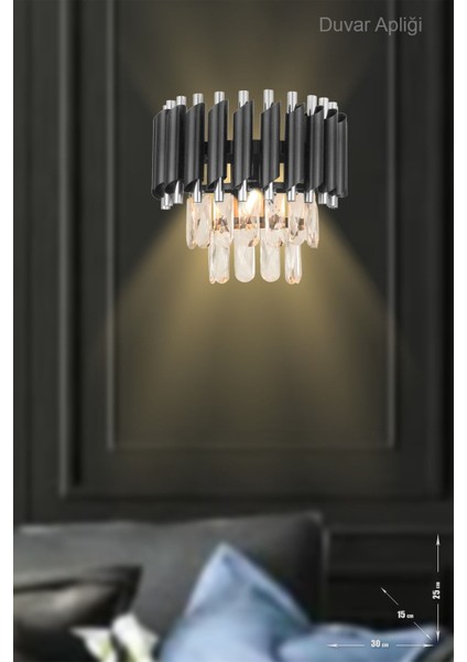 Palmira Prizma Kesim Kristal Taşlı Lüks Aplik - ( Siyah - Krom )