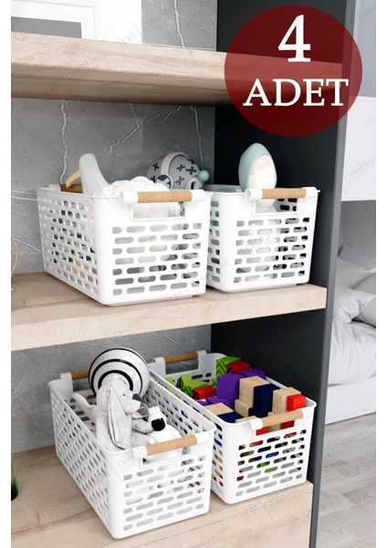 4 Adet Beyaz Sepet Ahşap Görünümlü Tutamaçlı Çok Amaçlı Sepet Organizer Düzenleyici Set