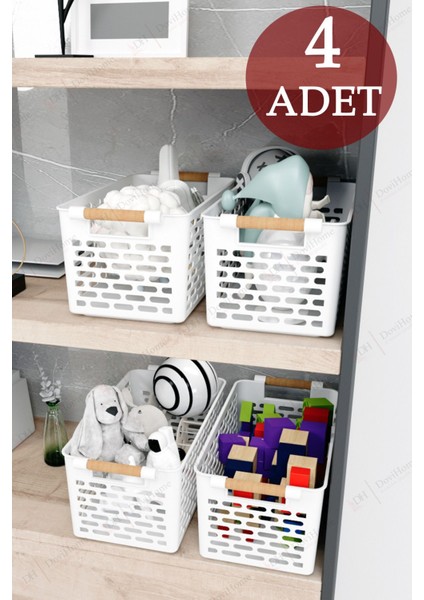 4 Adet Beyaz Sepet Ahşap Görünümlü Tutamaçlı Çok Amaçlı Sepet Organizer Düzenleyici Set fiyatları