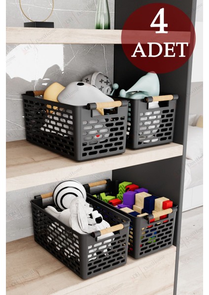 4 Adet Siyah Sepet | Ahşap Görünümlü Tutamaçlı Çok Amaçlı Sepet Organizer Düzenleyici Set
