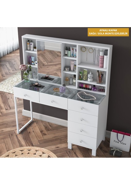 Rani BJ140 Aynalı Kapaklı Çekmeceli Makyaj Masası Kancalı Takı Düzenleyici Beyaz modelleri
