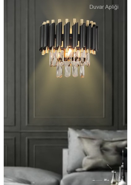 Palmira Prizma Kesim Kristal Taşlı Lüks Aplik - (Siyah-Gold)