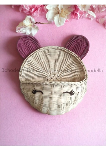 25 cm Rattan Bambu Hasır Pembe Kulaklı Duvar Sepeti