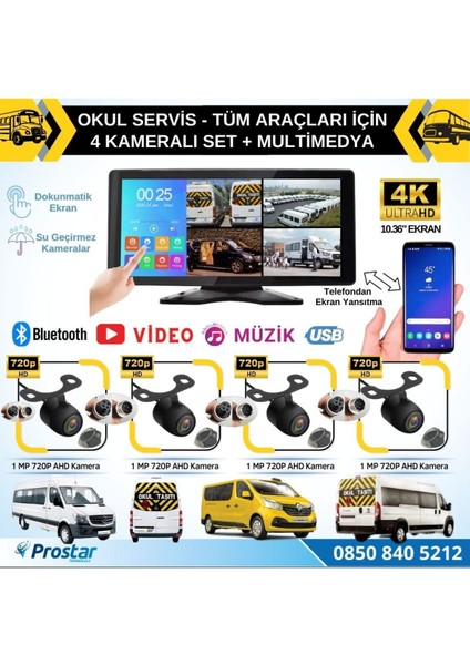 Okul Servisleri Için 10.36" Dokunmatik Ekranlı 4 Kameralı Kayıtlı Video Müzik Telefon Ekran Yansıtm