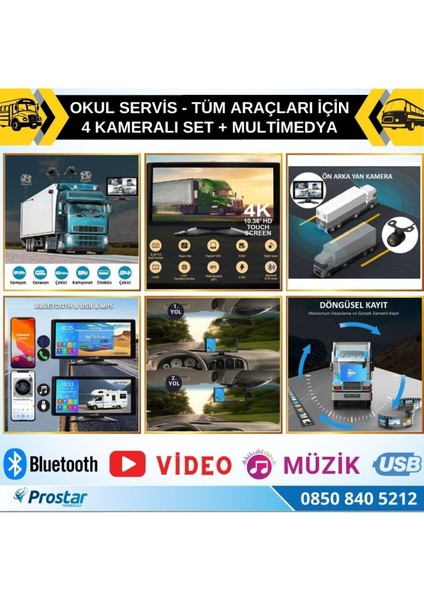 Okul Servisleri Için 10.36" Dokunmatik Ekranlı 4 Kameralı Kayıtlı Video Müzik Telefon Ekran Yansıtm indirimleri
