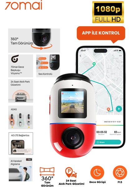 X200 Omni 128GB 360° Dönebilen Araç Içi Kamera - Kırmızı & Beyaz