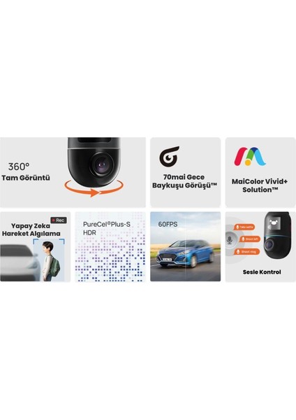 X200 Omni 128GB 360° Dönebilen Araç Içi Kamera - Kırmızı & Beyaz modelleri