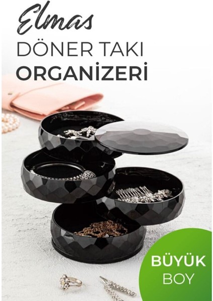 4 Katlı Dönebilen Silindir Takı Organizeri Makyaj Kutusu Siyah 5 Katlı