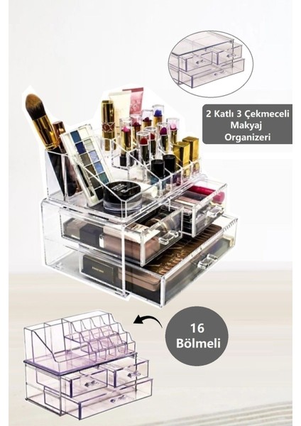 Elegance 2 Katlı 3 Çekmeceli Makyaj Organizeri - 16 Bölmeli Takı Kozmetik Düzenleyici Akrilik Set
