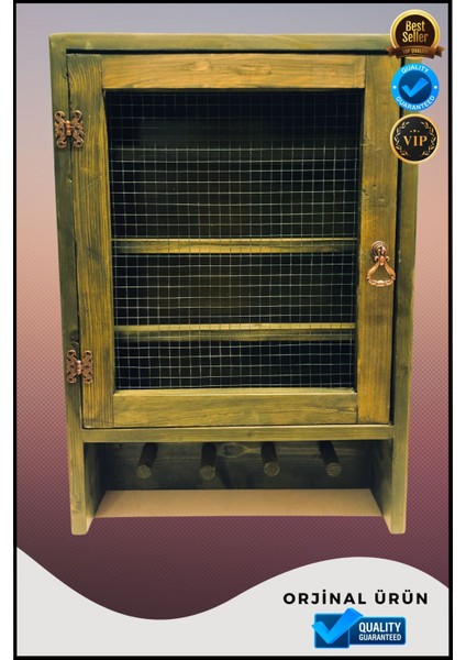 Masif Ahşap Nostaljik Tel Dolap 60*42*12 cm Haki Renkli