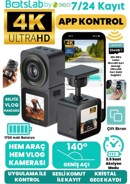 Botslab V9H 4K Wifi 140°ULTRA Geniş Açı Kristal Gece Akıllı Araç ve Aksiyon Kamerası (2025)