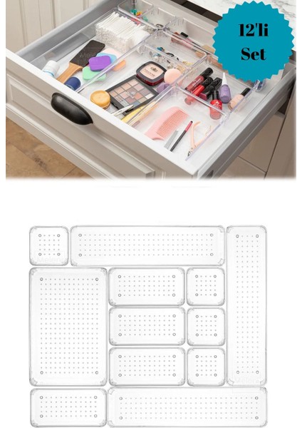 12 Parça Şeffaf Punto Çekmece Dolap Organizeri Seti Makyaj Takı Banyo Düzenleyici Organizer Kutu