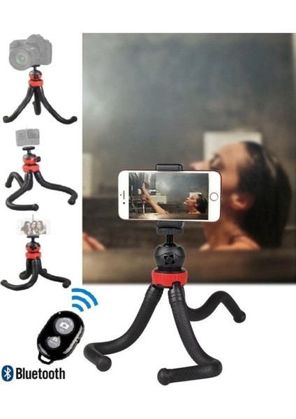Bluetooth Kumandalı Esnek Tripod Masaüstü Katlanabilir Flexible Ahtapot Tripod Telefon Tutuculu