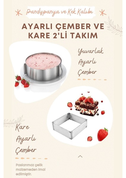 Ayarlanabilir Kare Yuvarlak Kek Kalıbı 2'li Takım 4'lü Dekoratör Pratik Set Hediyeli