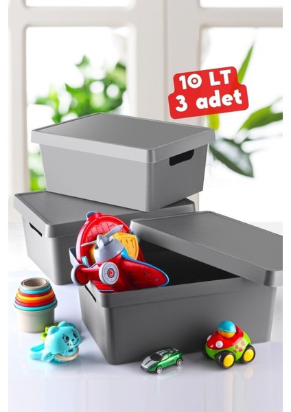 Std 10 Lt. Kapaklı Kutu 3 Adet Antrasit Klasik