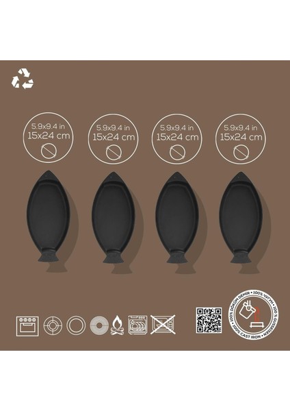 Döküm 4 Lü Set Balık Tabağı Döküm Demir Yekpare Kulplu Ölçü 15X24CM. fırsatları