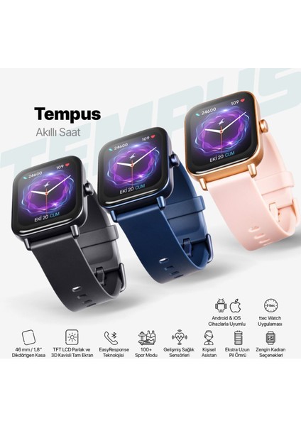Tempus 46MM Tft Ekranlı Dikdörtgen Kasa Akıllı Saat 800-1000 Mah Çok Renkli Resmi Distribütör G fiyatları