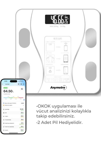 Anymetre Vücut Yağ Analizi Yağ Ölçer Kare Dijital Baskül Tartı