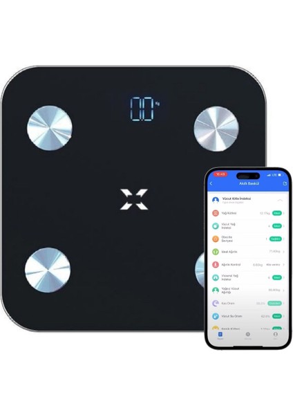 Akıllı Tartı Dijital Baskül Bt Apple Health Google Fit, Vücut Kitle, Kas, Su, Yağ, Kemik Siyah X870