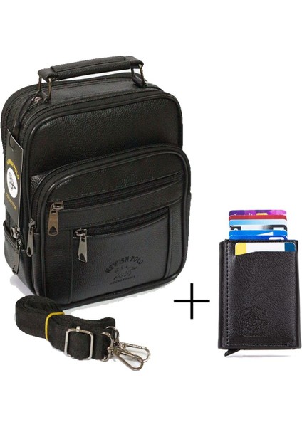 Adelina Erkek Siyah Deri Çelik Kasalı El ve Omuz Çanta ve Mekanizmalı Kartlık Cüzdan Set