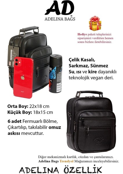 Adelina Erkek Siyah Deri Çelik Kasalı El ve Omuz Çanta ve Mekanizmalı Kartlık Cüzdan Set modelleri