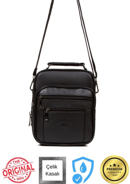 Adelina Erkek Siyah Deri Çelik Kasalı El ve Omuz Çanta ve Mekanizmalı Kartlık Cüzdan Set fırsatları