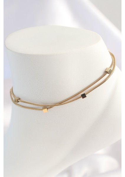 316L Çelik Gold Renk 2'li Minimal Kare Model Kadın Halhal - TJ-HH1548