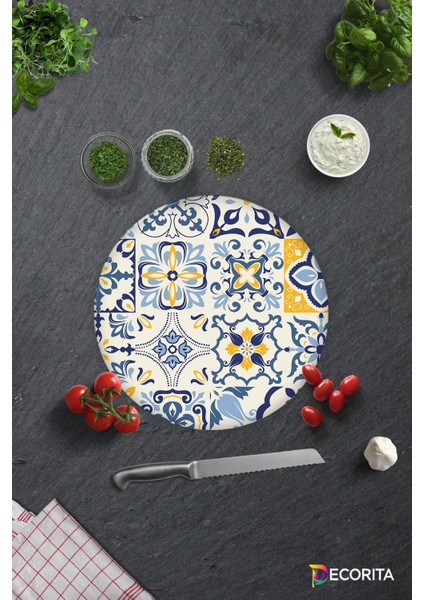 Mavi Çini Desen | Cam Kesme Tahtası - Cam Kesme Tablası | ÇAP32CM