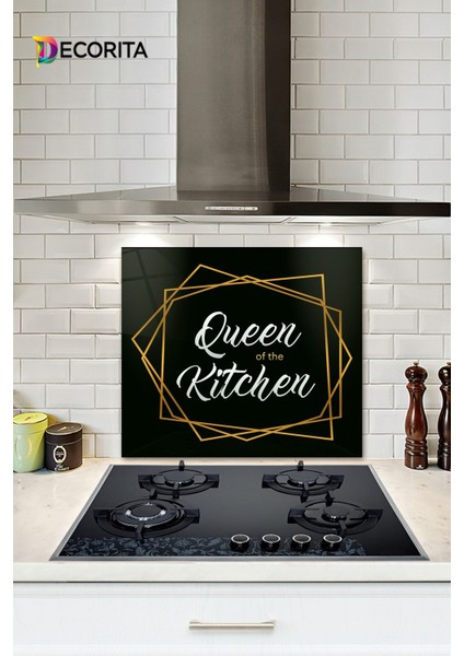 Cam Ocak Arkası Koruyucu | Queen Of The Kitchen - Siyah | 52CM x 60CM