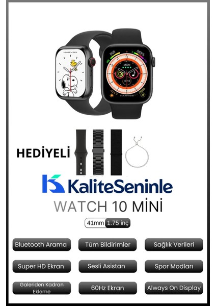 Watch 10 Mini Akıllı Saat 3 Kordon ve Bileklik Hediyeli Tüm Telefonlara Uyumlu Akıllı Saat