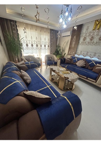 Yeni Moda Lüks Kadife Süngelri Koltuk Çekyat Örtüsü (12PARÇE Takım 3,3,1,1) Lacivert Rengi