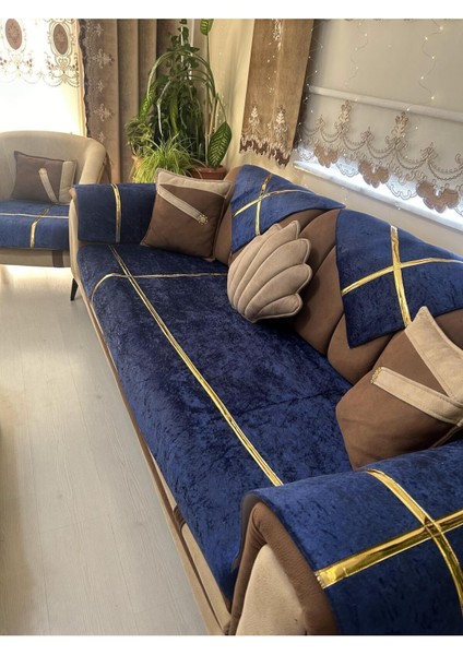 Yeni Moda Lüks Kadife Süngelri Koltuk Çekyat Örtüsü (12PARÇE Takım 3,3,1,1) Lacivert Rengi fiyatları
