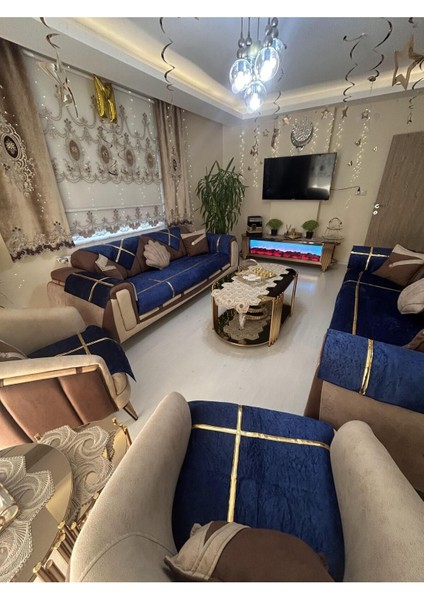 Yeni Moda Lüks Kadife Süngelri Koltuk Çekyat Örtüsü (12PARÇE Takım 3,3,1,1) Lacivert Rengi modelleri
