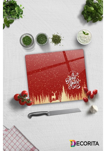 Cam Kesme Tahtası - Cam Kesme Tablası | Happy New Year Kırmızı Silüet | 29CM x 34CM