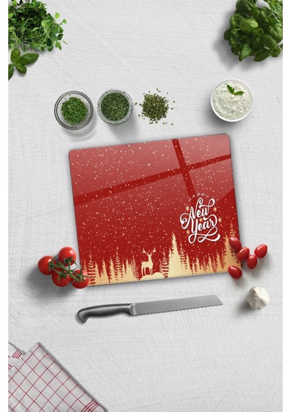 Cam Kesme Tahtası - Cam Kesme Tablası | Happy New Year Kırmızı Silüet | 29CM x 34CM fiyatları