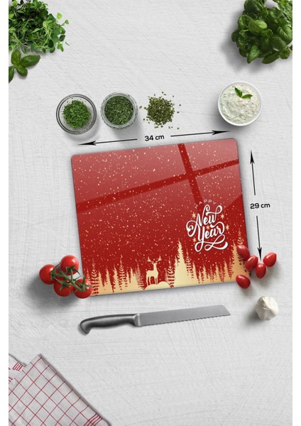 Cam Kesme Tahtası - Cam Kesme Tablası | Happy New Year Kırmızı Silüet | 29CM x 34CM modelleri