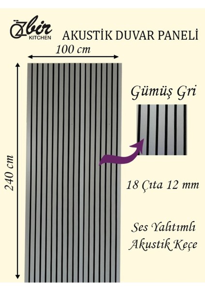 Özbir Kıtchen Gümüş Gri Akustik Duvar Paneli 100X240 Ahşap Duvar Paneli