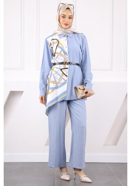 Bebe Mavi Desenli Modal Tunik Pantolonlu Takım