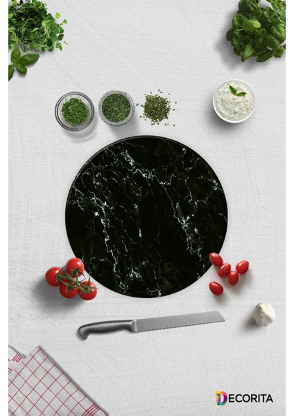 Siyah Mermer Görünümlü | Cam Kesme Tahtası - Cam Kesme Tablası | Daire Çap 32CM