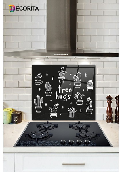 Cam Ocak Arkası Koruyucu | Free Hugs - Siyah Fon | 52CM x 60CM