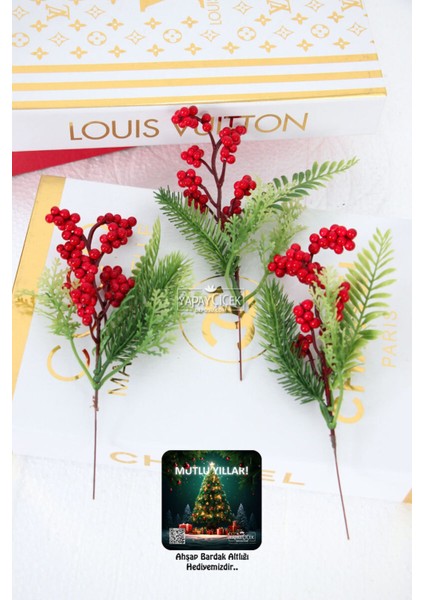 Dekoratif 3lü Yapay Bitkili Stick Kırmızı Yılbaşı Çiçeği Yapay Kokina Yılbaşı Süsü 20 cm (3lü Set)