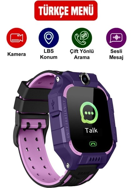 Z55 Sım Kart Girişli Kameralı Sos Özellikli Konum Takipli Akıllı Çocuk Saati Mor modelleri
