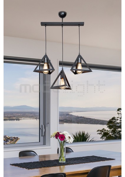 Prizma 3lü Sıralı Avize Siyah (Siyah Laleli) Salon-Oturma -Çocuk-Yemek-Yatak Odası--Antre-Mutfak