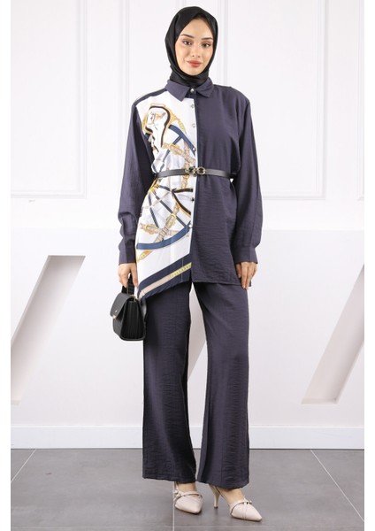 Antrasit Desenli Modal Tunik Pantolonlu Takım