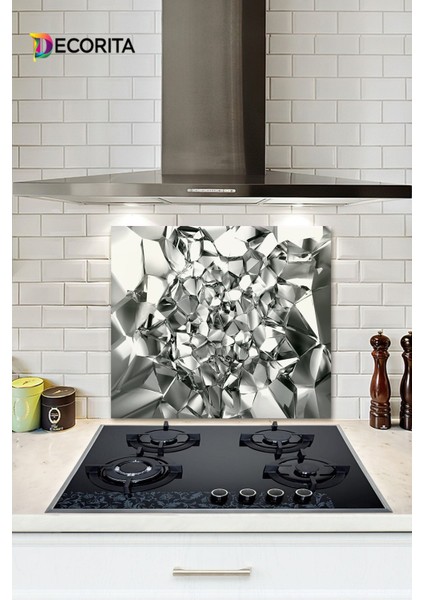 Cam Ocak Arkası Koruyucu | Gümüş Kristal | 52CM x 60CM