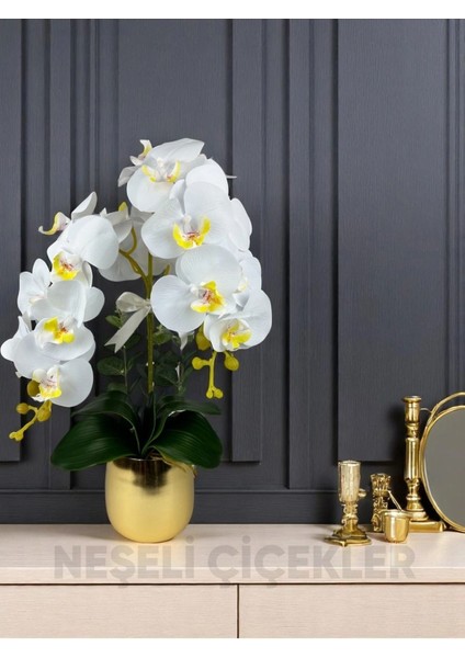 Yapay Çiçek Beyaz Islak Orkide 2 Dallı Lüks Gold Metal Saksıda 55 cm Dekoratif Hediye Çiçek