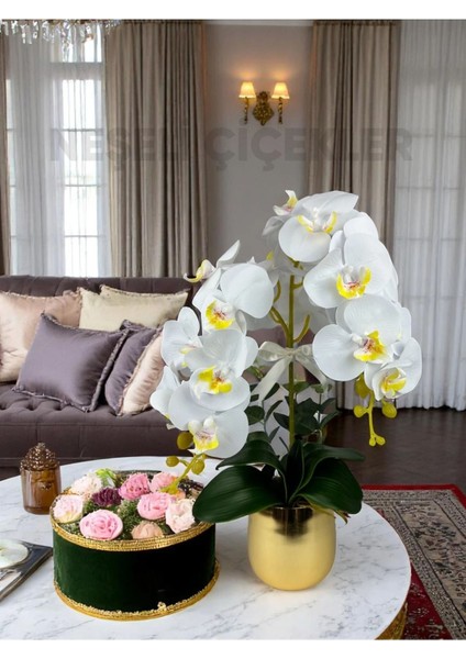 Yapay Çiçek Beyaz Islak Orkide 2 Dallı Lüks Gold Metal Saksıda 55 cm Dekoratif Hediye Çiçek modelleri