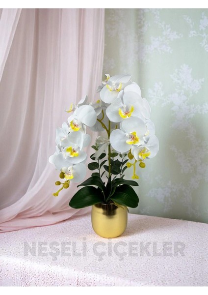 Yapay Çiçek Beyaz Islak Orkide 2 Dallı Lüks Gold Metal Saksıda 55 cm Dekoratif Hediye Çiçek fırsatları